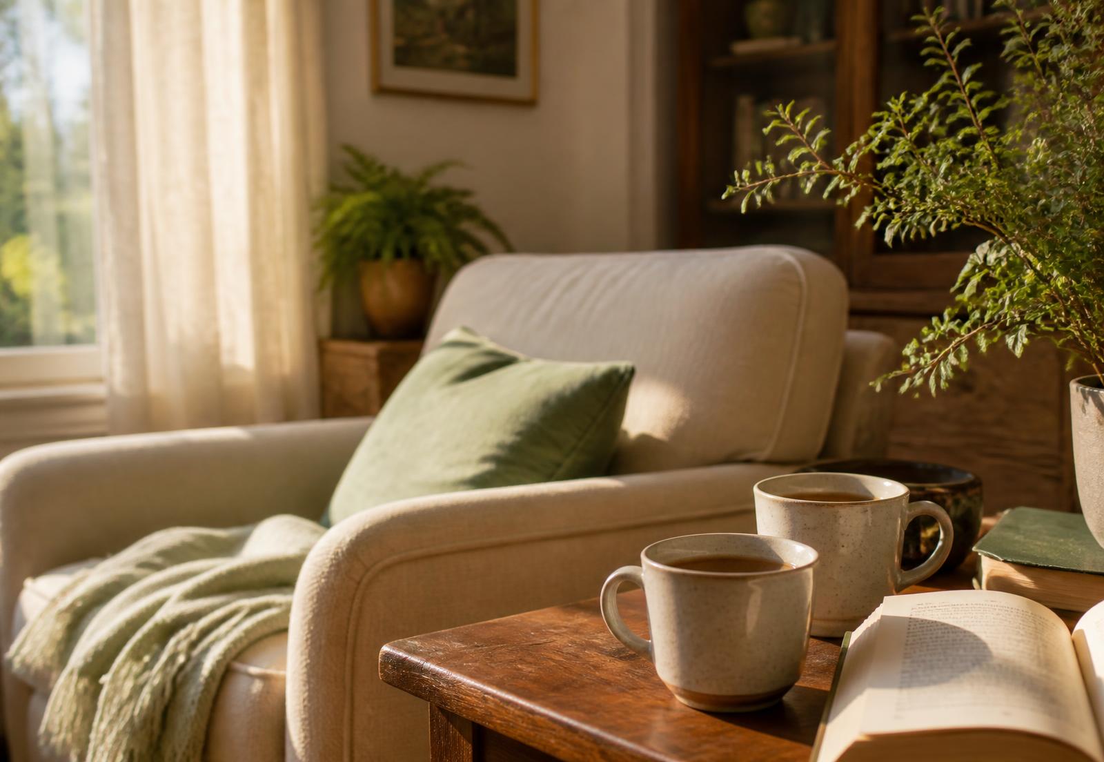 A sunlit living room with two mugs of tea on a wooden side table beside a linen armchair
