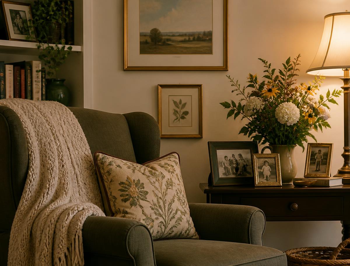 A cozy corner of a family home with an armchair, knitted throw, framed photographs, and garden flowers