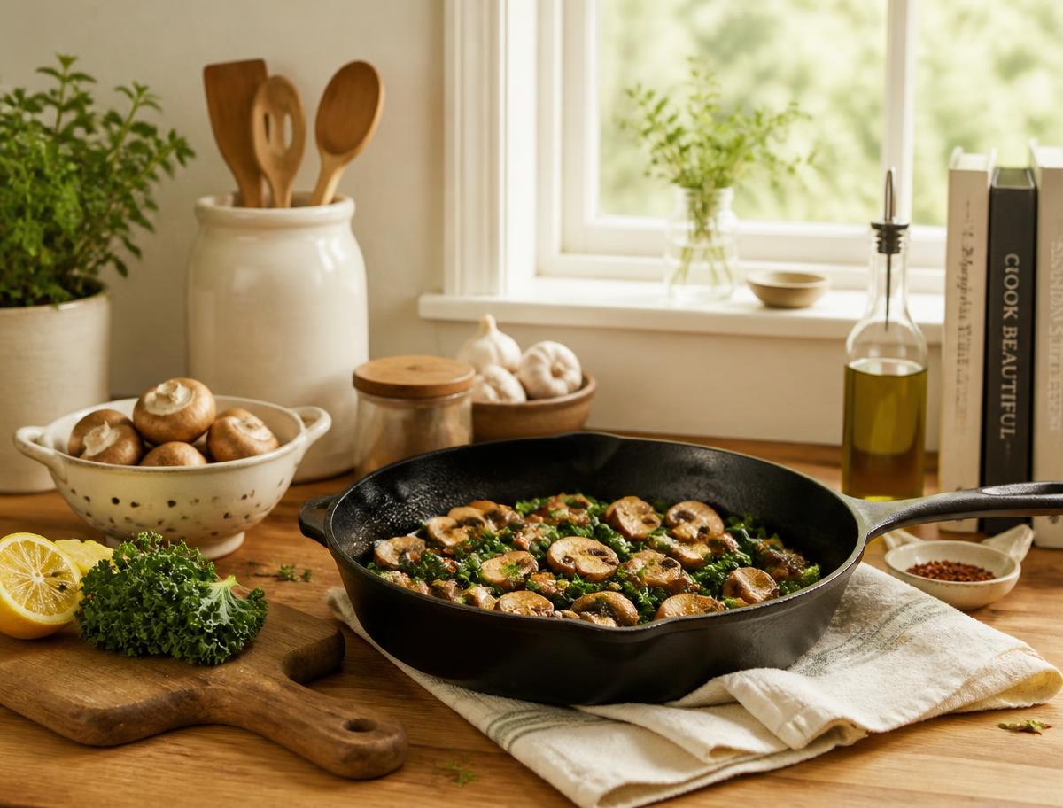 A simple home-cooked meal in a cast iron pan on a warm wooden kitchen counter