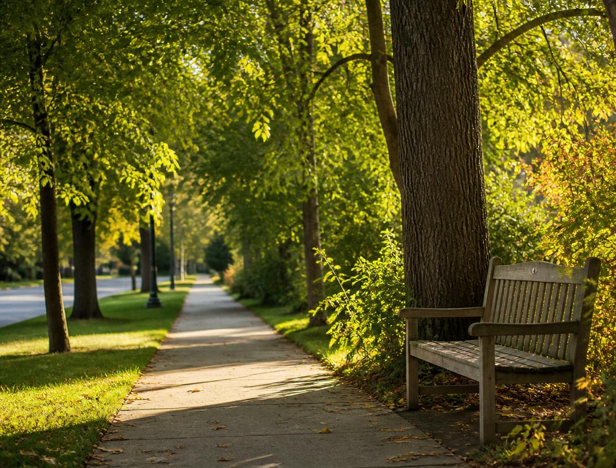 A quiet tree-lined neighborhood walking path with a wooden bench in afternoon light